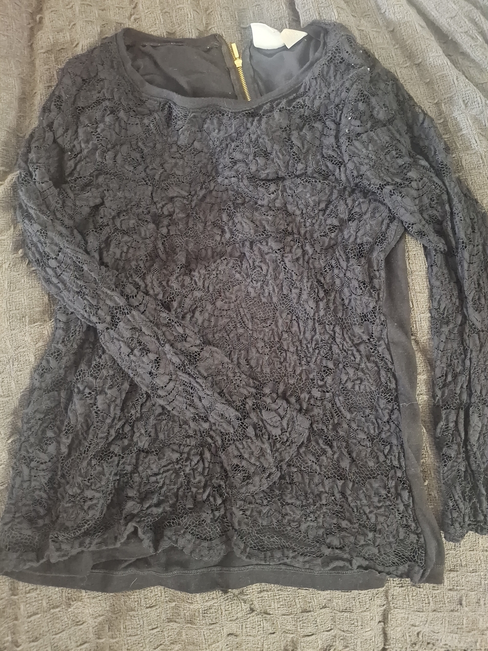 Chico's Black Lace Long-Sleeve Tee with Back Zip Accent